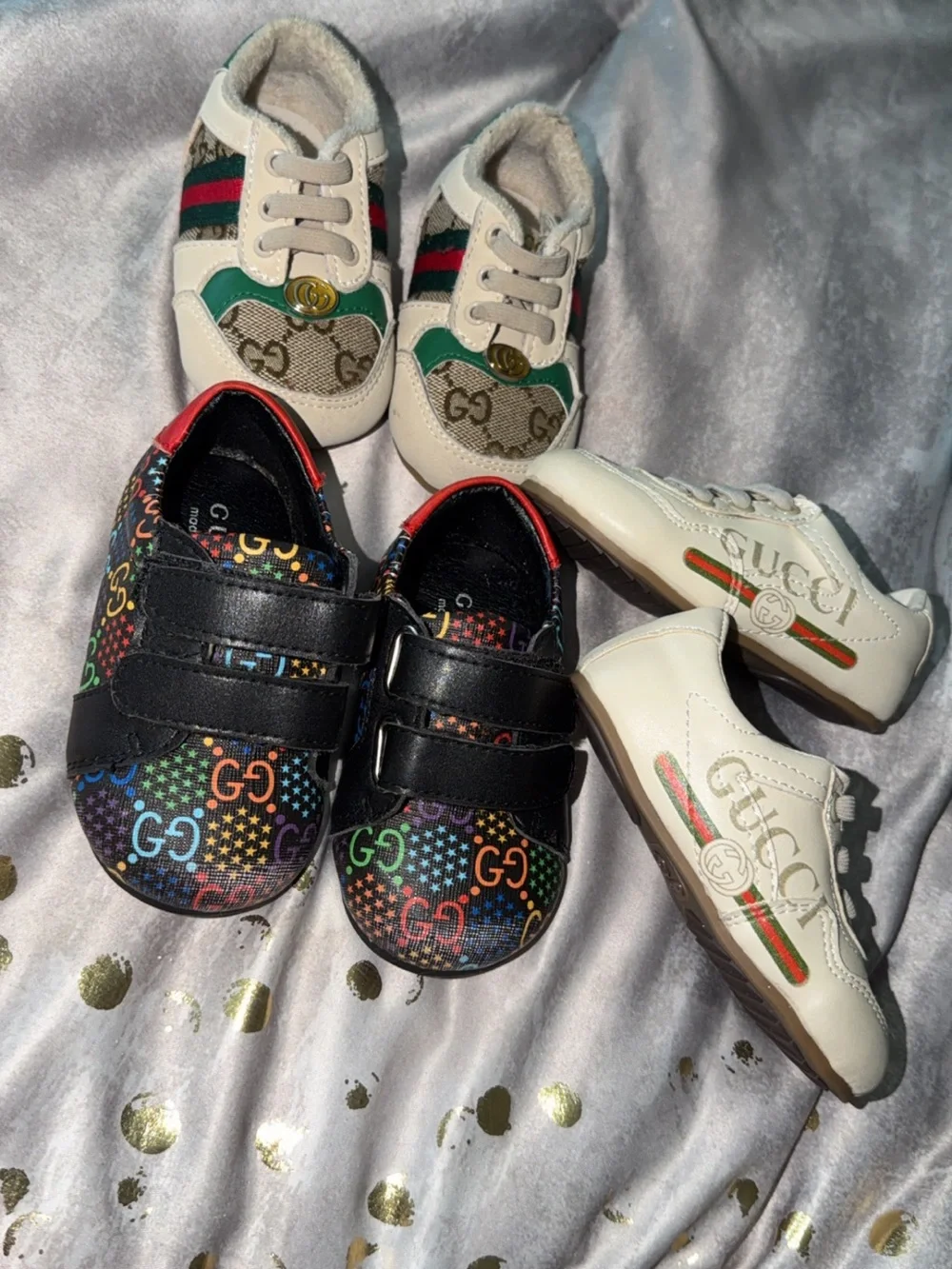 Gucci Kids Multi-Color GG Logo and White Leather T-Strap Sneakers